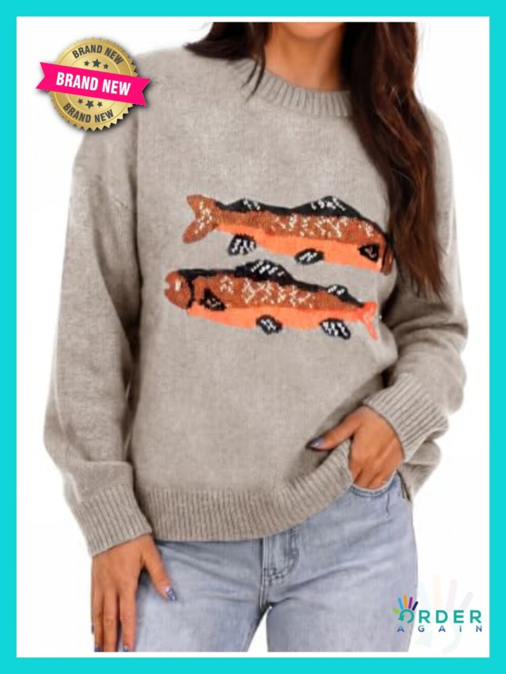 Women's Fish Graphic Sweater Long Sleeve Knit Crew Neck Pullover